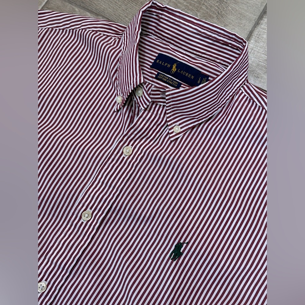 Polo Ralph Lauren Shirt Size Large Men’s Maroon Striped Custom Fit Long Sleeve